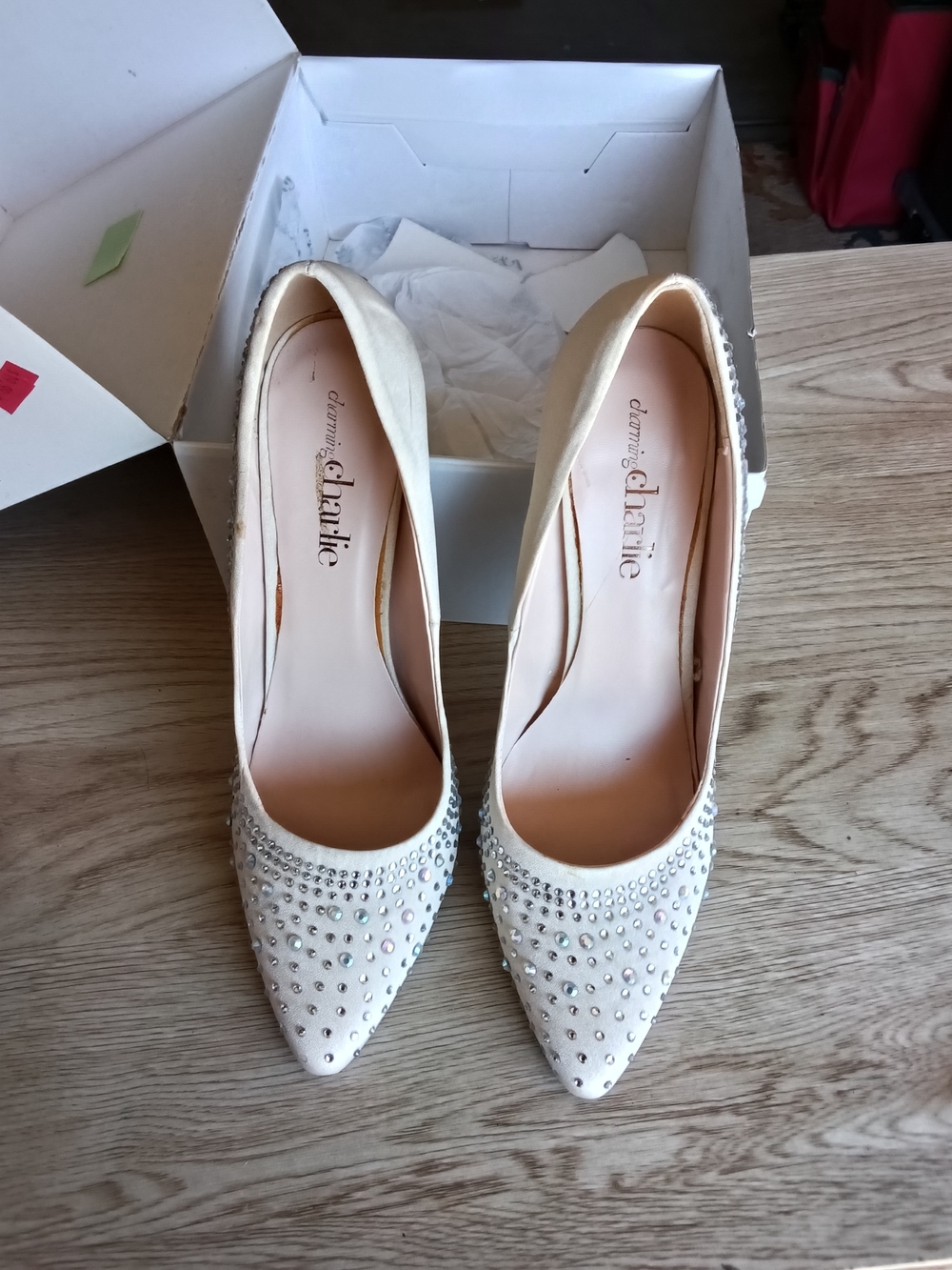 Charlies Ivory Pointed-Toe Pumps with Crystal Stud Accents
